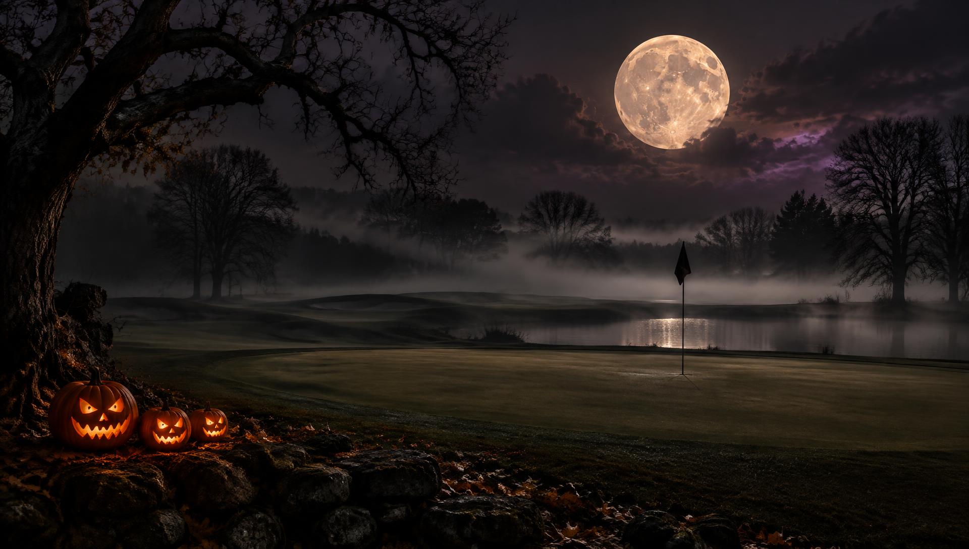 Moonlit golf green in the fog with glowing jack-o-lanterns
